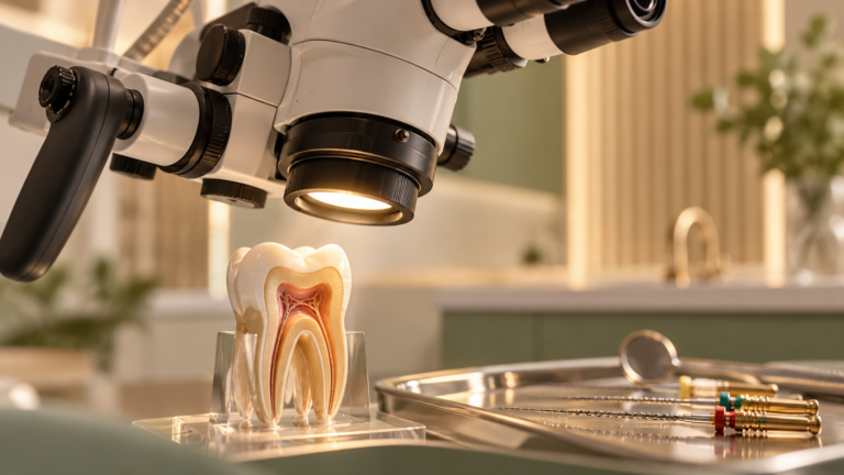 Microscópio odontológico e modelo de dente em corte, ilustrando a endodontia microscópica.