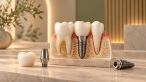 Modelo odontológico mostrando implante dentário, coroa e estrutura óssea.