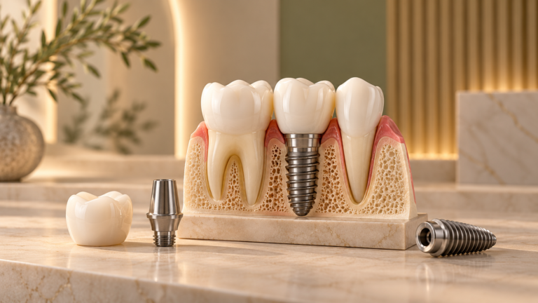 Modelo odontológico mostrando implante dentário, coroa e estrutura óssea.