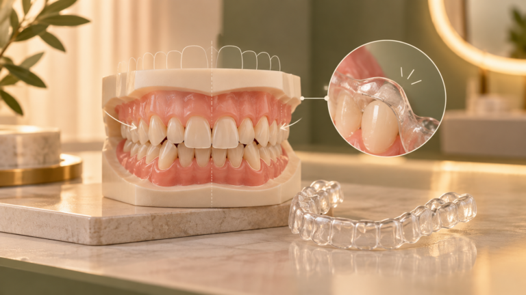 Modelo de dentes desalinhados e contenção transparente representando recidiva ortodôntica.
