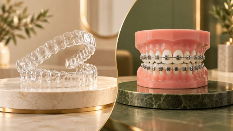 Alinhadores transparentes ao lado de modelo dentário com aparelho fixo.