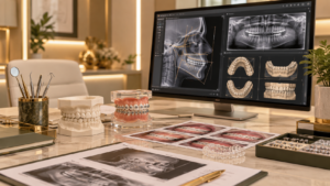 destacada Planejamento ortodôntico com modelos dentários, radiografias e imagens digitais de diagnóstico.