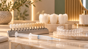 Modelo de avaliação odontológica com escala de cores dos dentes e materiais para clareamento dental