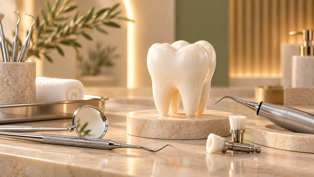 destacada Instrumentos de profilaxia e modelo de dentes em consultório, com destaque para limpeza profissional e prevenção.